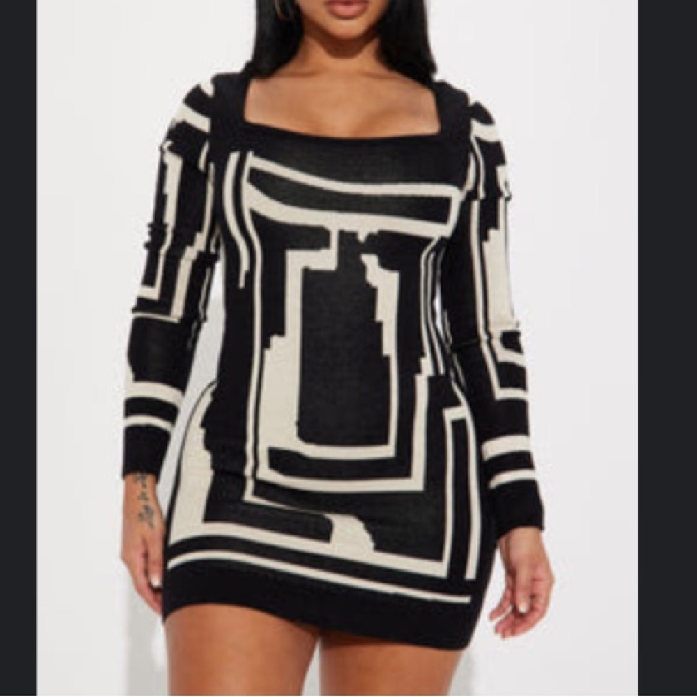 Fashion Nova Black and White Knit Mini Long Sleeve Dress